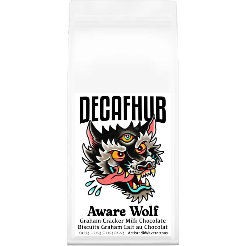 Decaf coffee Canada Montreal local artist roaster 250g aware wolf